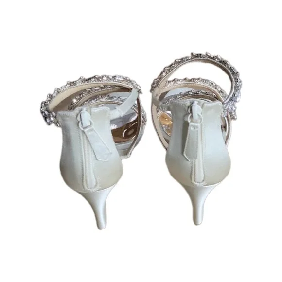 Badgley Mischka Womens Bennet Sandals White Satin Wedge Heels Rhinestone 7 New - Picture 7 of 9